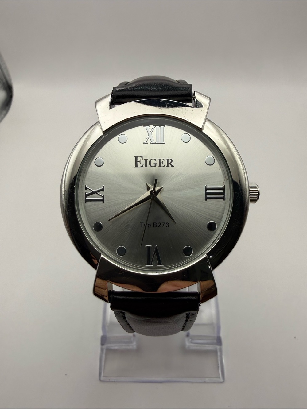 NEW Men's EIGER Silver Tone Quartz Watch, 40mm, Black Band, Analog (New Battery)